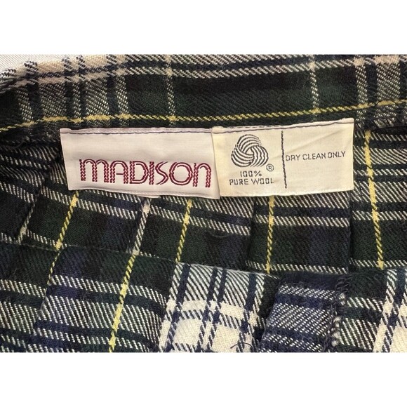 MADISON Wool Wrap Skirt Vintage 8 Blue Green Plaid Tartan Fringe Safety Pin Y2K - Picture 2 of 10